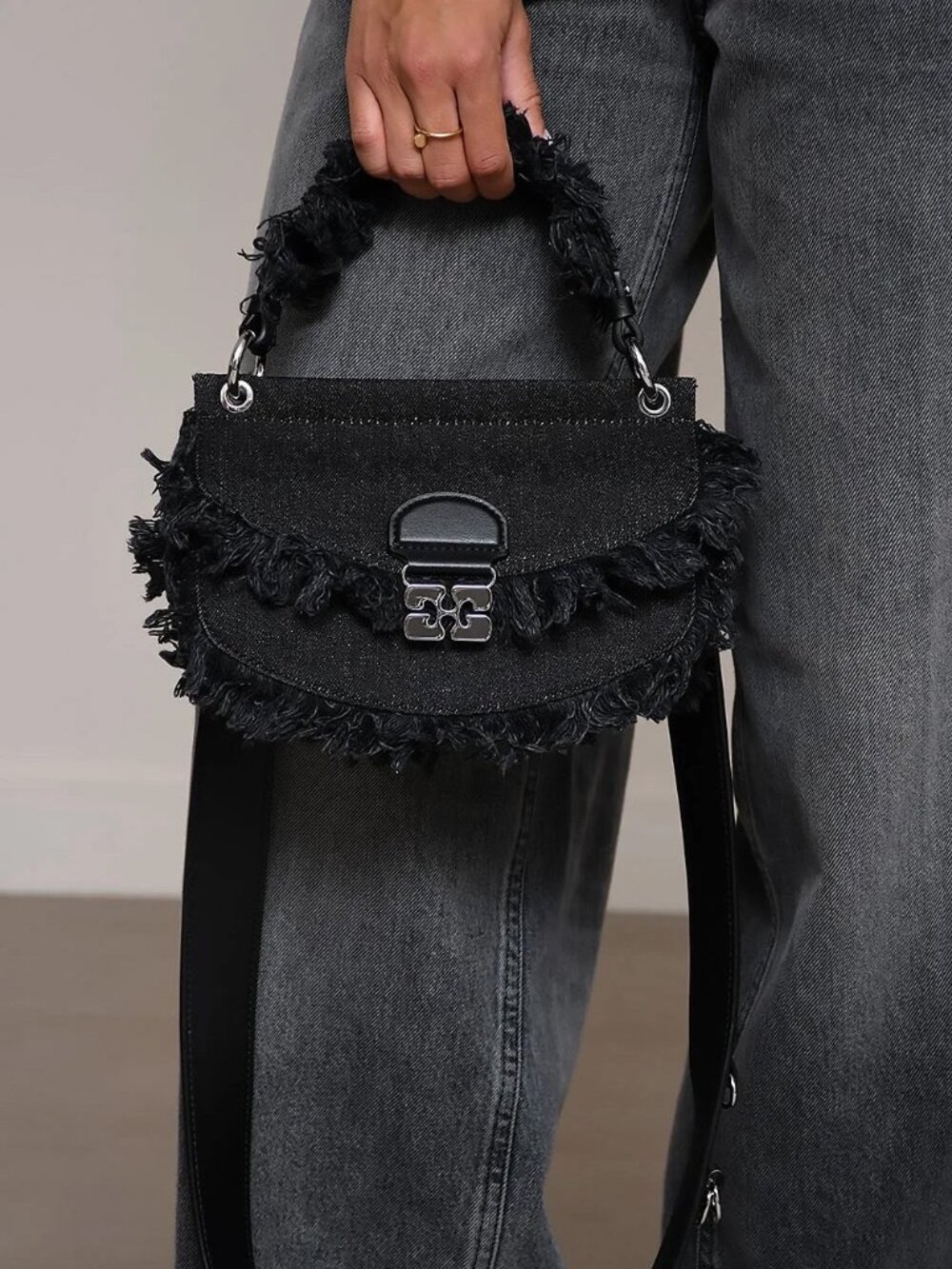 GANNI Apo-G Black Denim Mini Top Handle Crossbody Bag